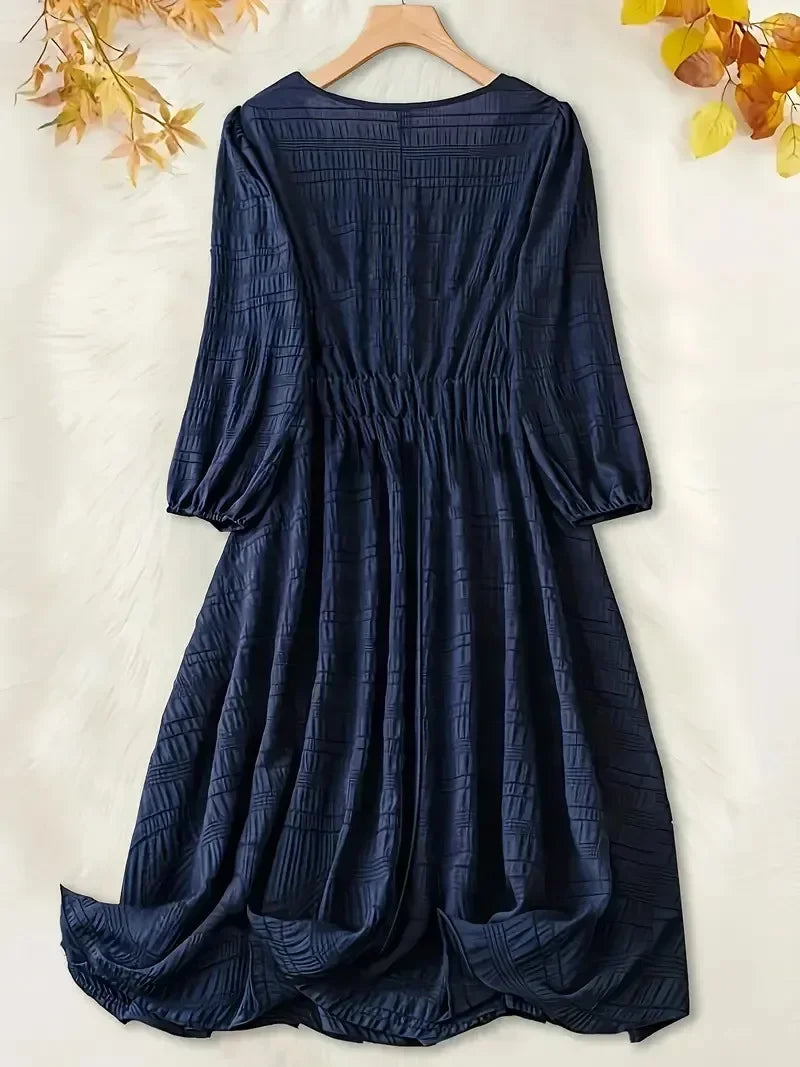 Plus Size Women's  Dress with Textured Lantern Sleeves and V-Neck Tie Front Midi Dress