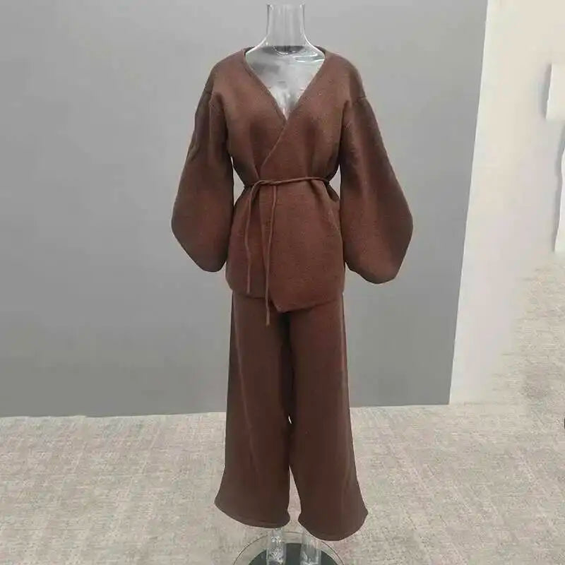 Casual Long Sleeve Sweater And High Waist Trousers Knit Set
