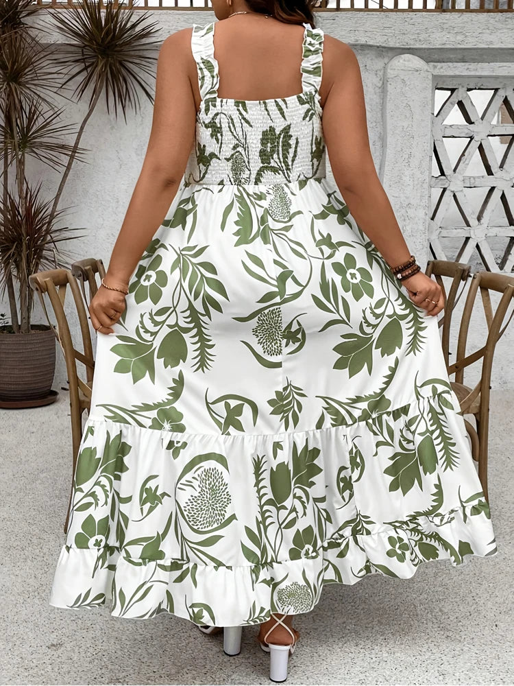 Plus Size Summer Floral Halter Dress with Ruffle Hem