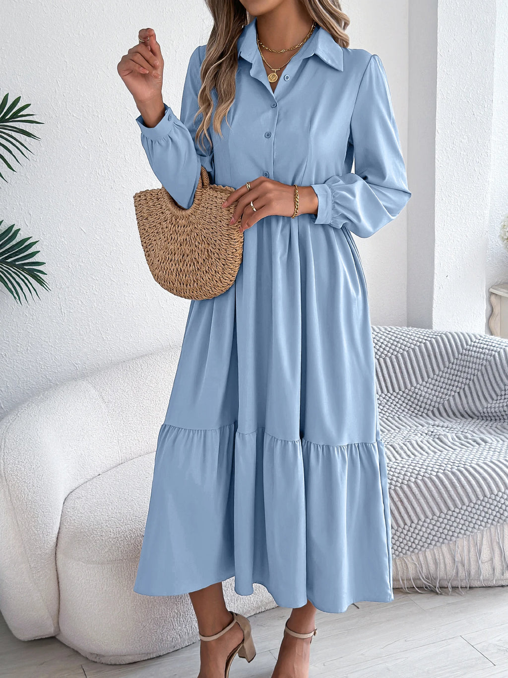 Women's Casual Button Down Long Sleeved Dress