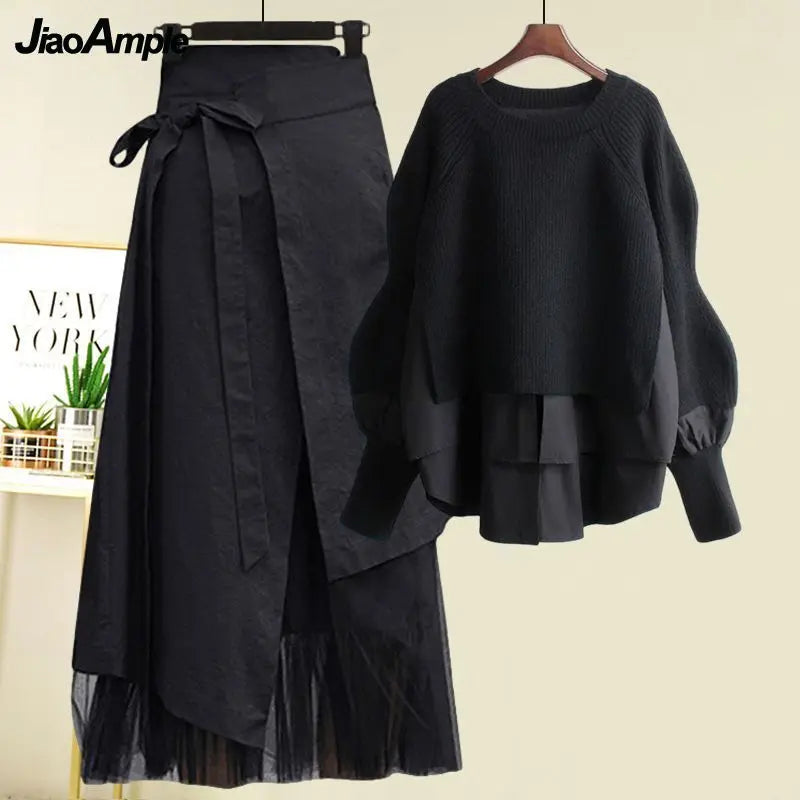 Spring Two Piece Knit Sweater+Strap A-line Skirt Suit Set