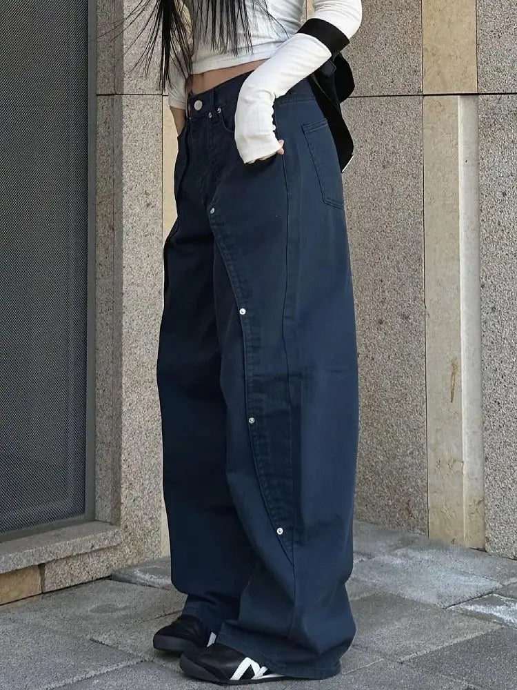 Relaxed Loose Fit Wide Leg Trousers with Rivet Patchwork Split Design