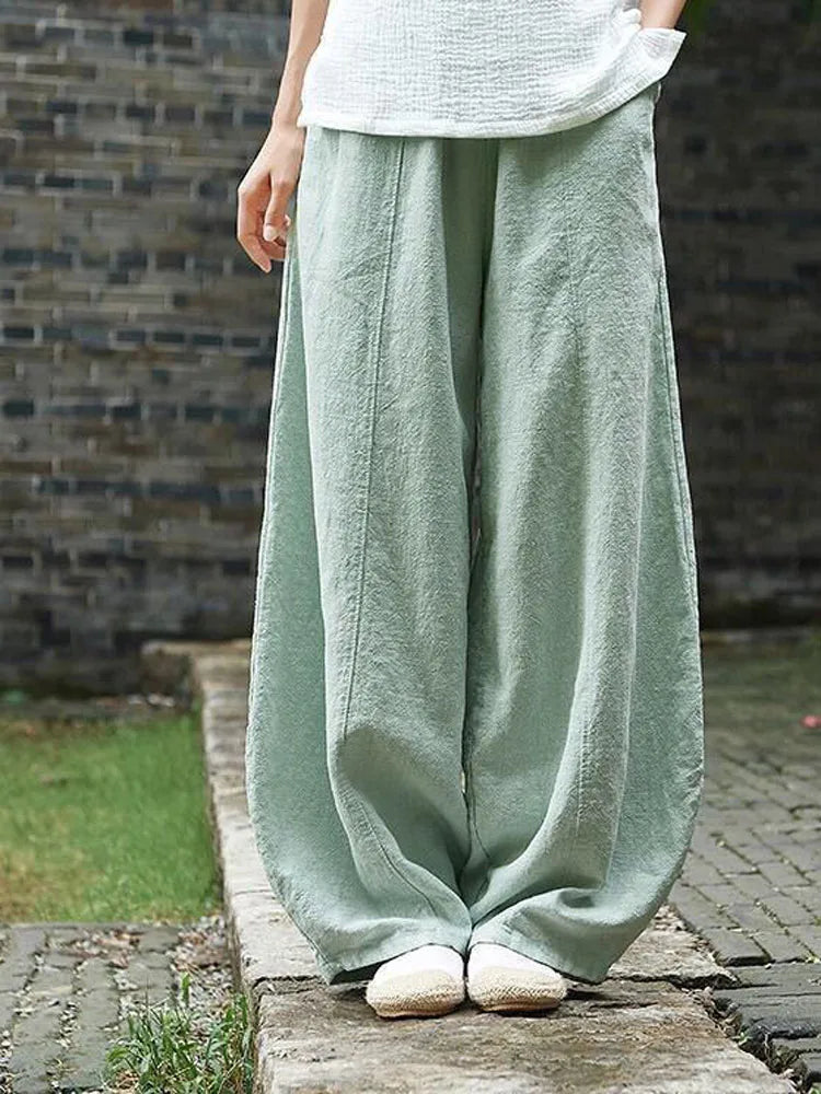 Women's Cotton Linen Wide Leg Pants with Elastic Waist