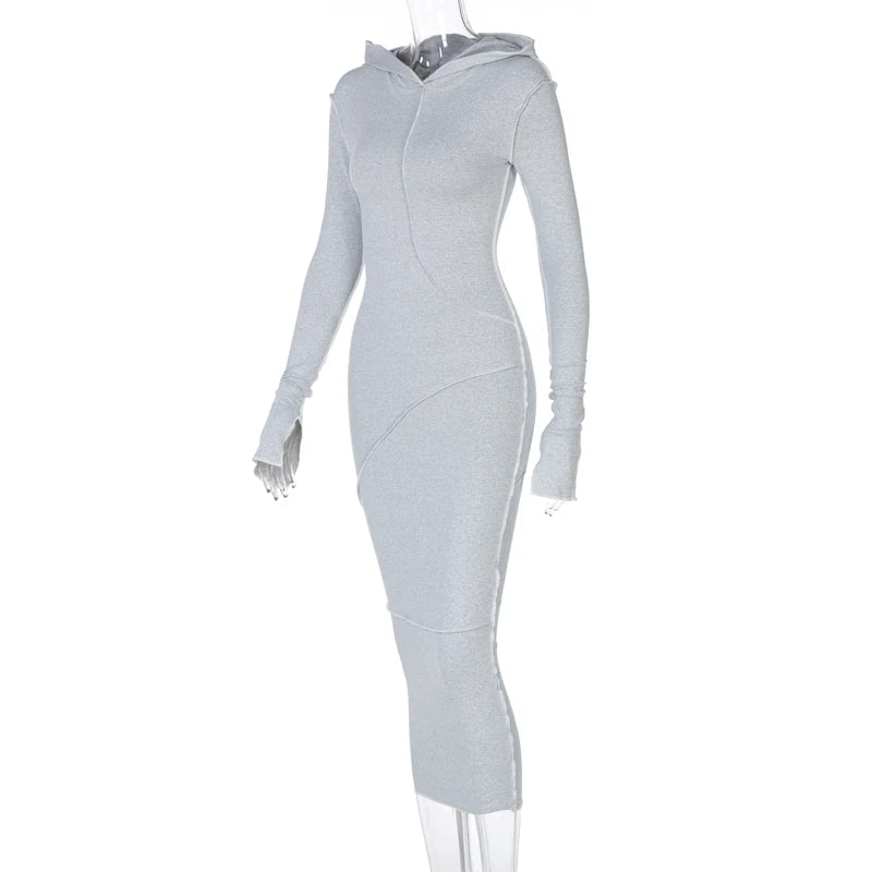 Long Sleeve Hooded Patchwork Skinny Maxi Dress