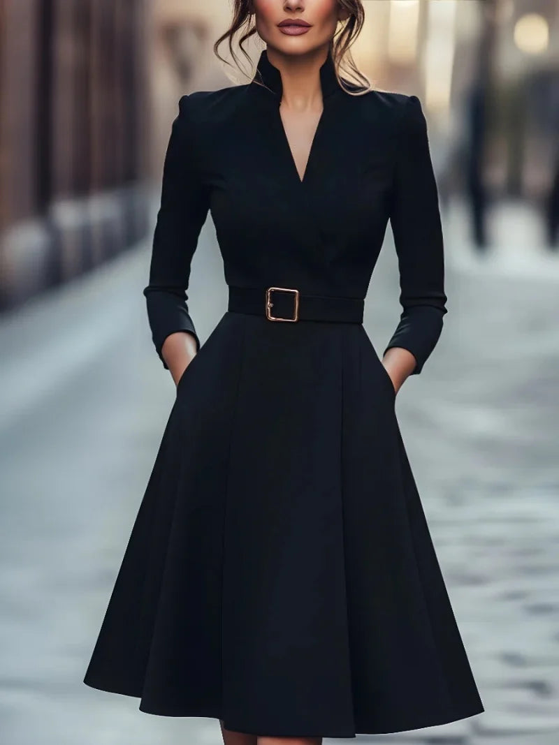 V-Neck Long Sleeve, V-Neck, A-Line Belted Dress