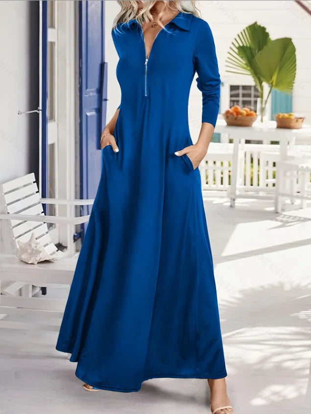 Elegant Solid Maxi with Long Sleeve Shirt Dress