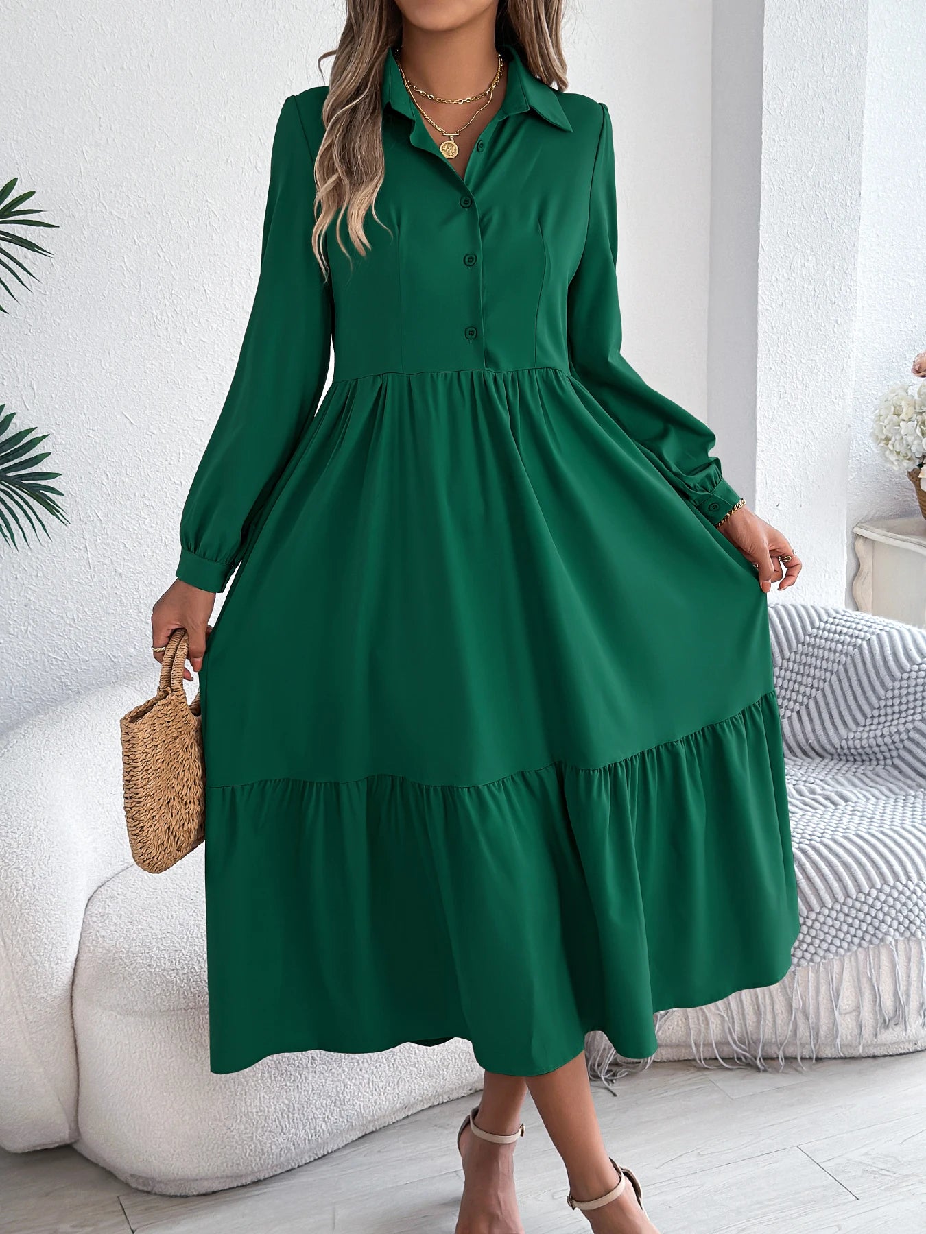 Women's Casual Button Down Long Sleeved Dress