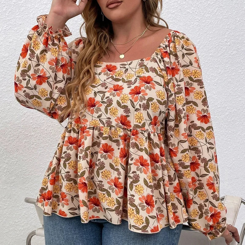 Women's Plus Size Floral Print Square Neck Peplum Blouse with Lantern Sleeves