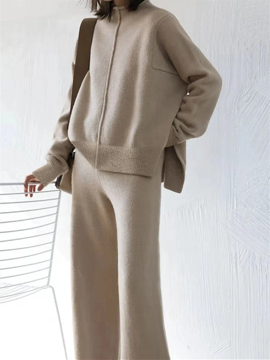 Beige Casual Oversized Knit Two-Piece Set with Half-Zip Sweater And Wide-Leg