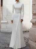 Elegant Turtleneck Long Sleeves Ruched White Maxi Dress
