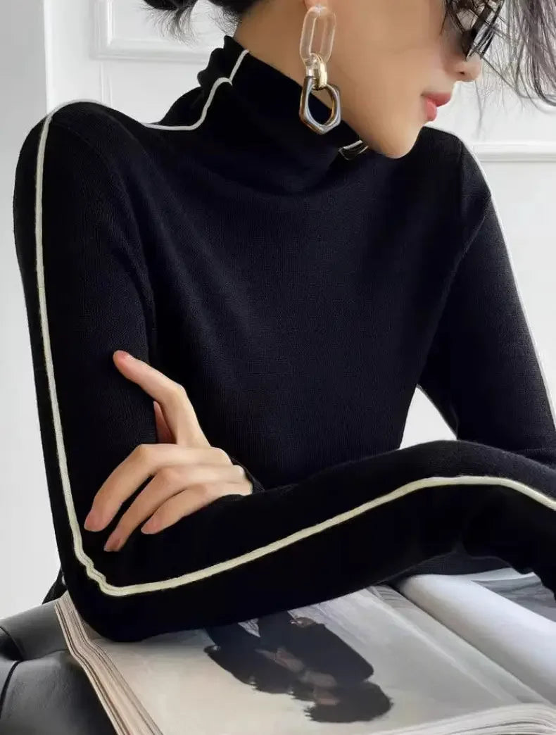 Long Sleeve Knit Turtleneck with Striped Sleeves Sweater Top