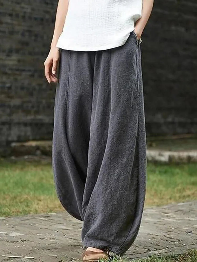 Women's Cotton Linen Wide Leg Pants with Elastic Waist