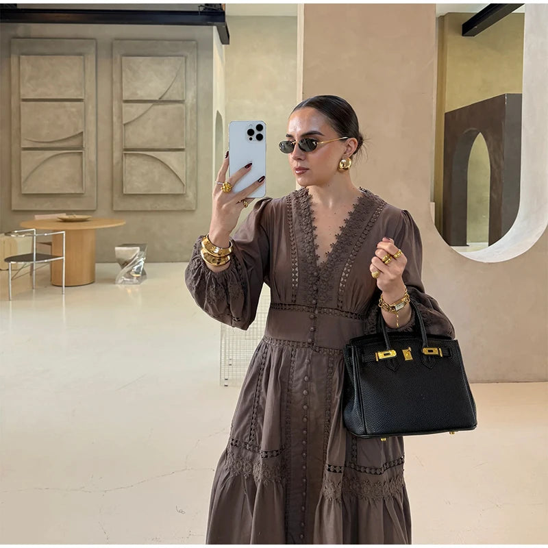 Lace Cut Out Long Puff Sleeve Maxi Dress