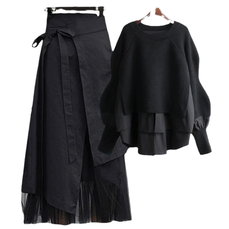 Spring Two Piece Knit Sweater+Strap A-line Skirt Suit Set
