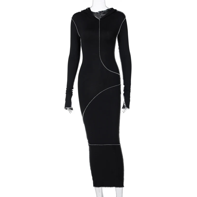 Long Sleeve Hooded Patchwork Skinny Maxi Dress