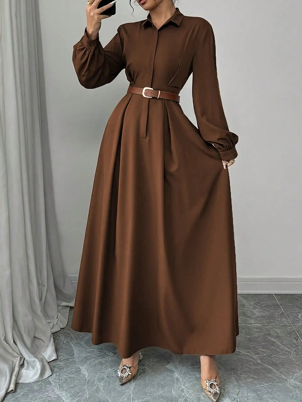 Women's Elegant Long Lantern Sleeve A-Line Maxi Dress