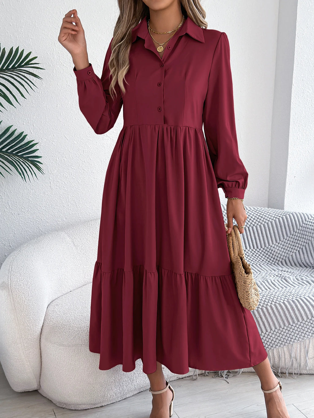 Women's Casual Button Down Long Sleeved Dress