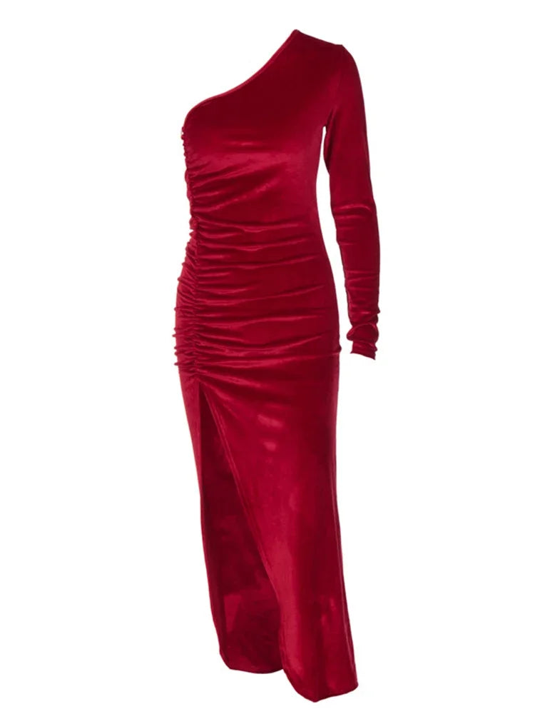 Elegant Long Sleeve Velvet Evening Dress w/Slit