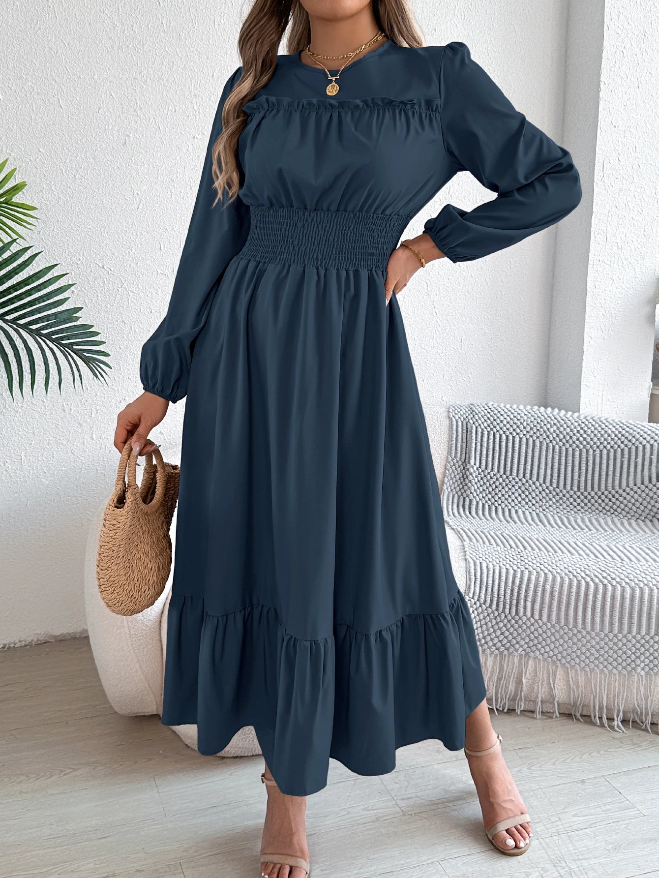 Women's Casual Elegant Round Neck Long Sleeved Waist Cinched Lotus Leaf Edge Dress