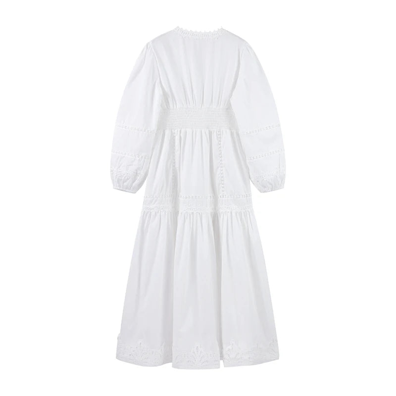 Lace Cut Out Long Puff Sleeve Maxi Dress