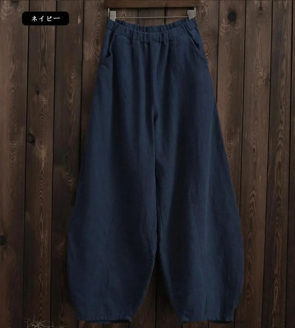 Women's Cotton Linen Wide Leg Pants with Elastic Waist