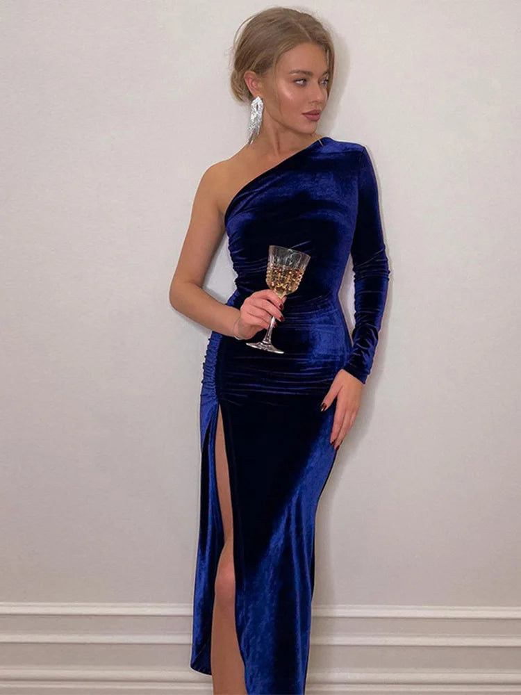 Elegant Long Sleeve Velvet Evening Dress w/Slit