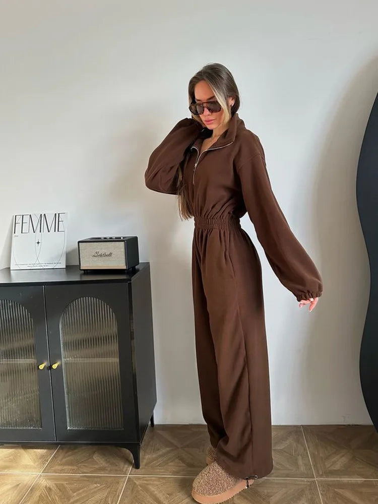 Sporty Long Sleeve Half-Zip Sports Jumpsuit with Lapel