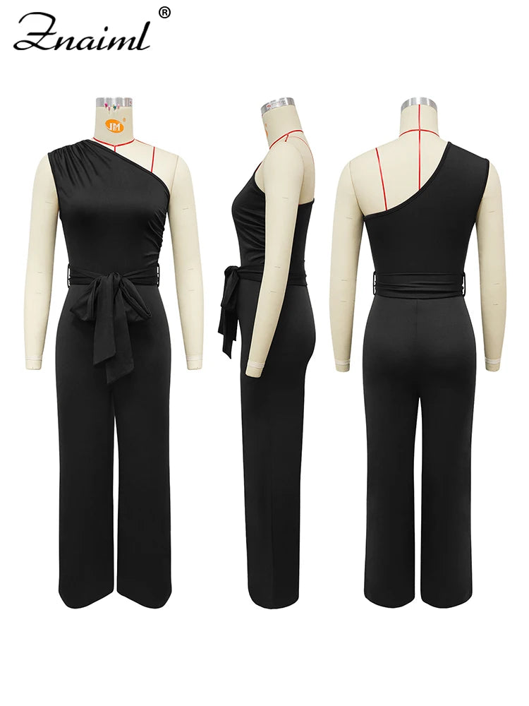 Diagonal Collar Sleeveless Jumpsuit with Wide-Legs