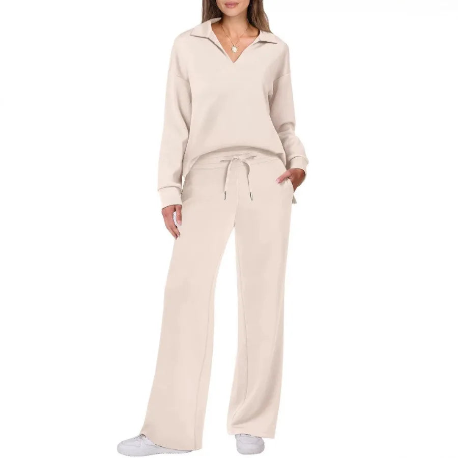 Loose V-neck Long-sleeved Top with Drawstring Design Elastic Waist Flared Long Trousers Two Pieces