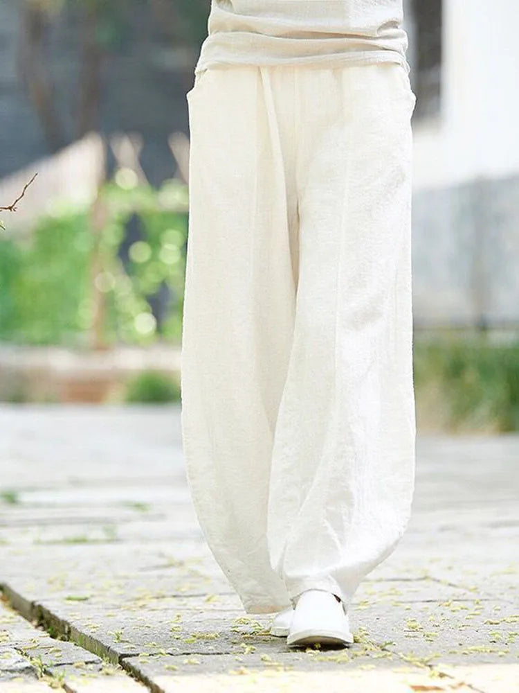 Women's Cotton Linen Wide Leg Pants with Elastic Waist