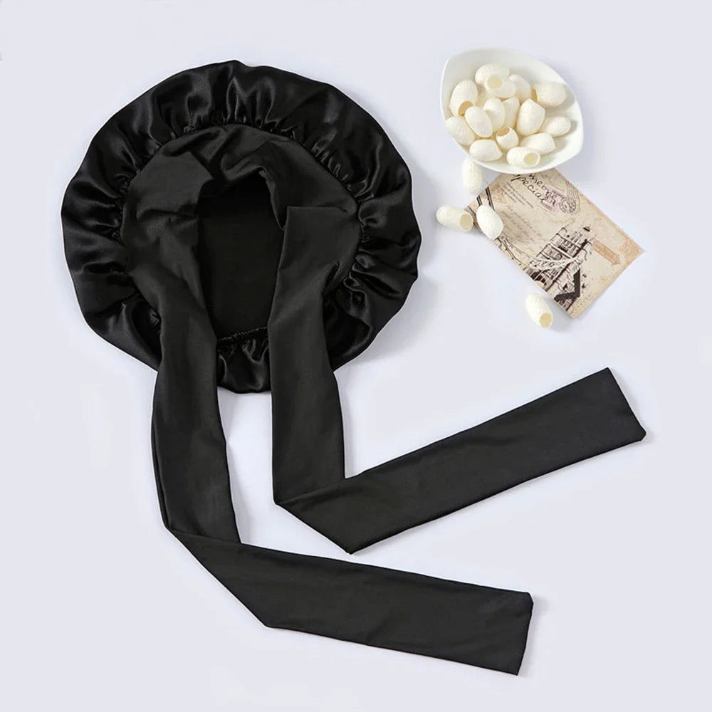 100% Mulberry Silk Sleeping Bonnet Curly Hair Adjustable Satin Sleep Cap With Wide Elastic Band