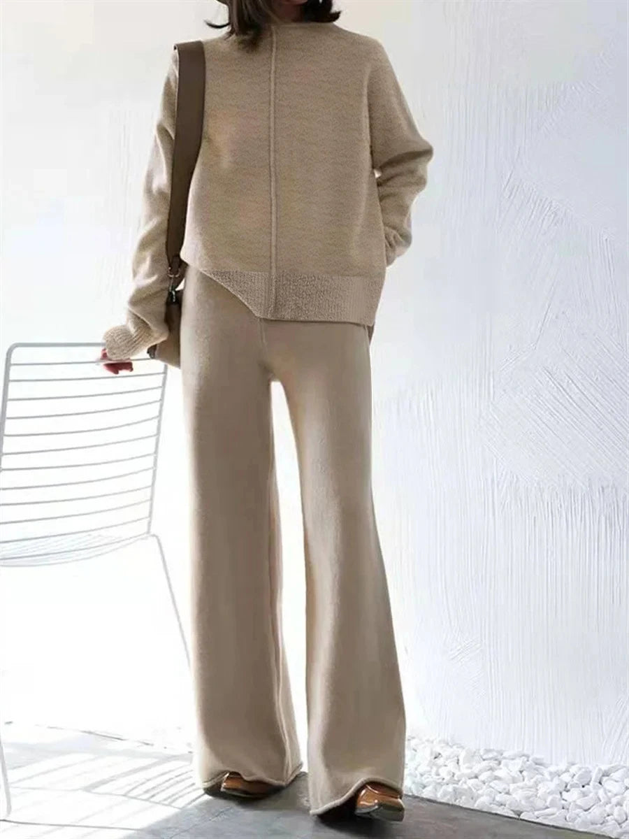 Beige Casual Oversized Knit Two-Piece Set with Half-Zip Sweater And Wide-Leg