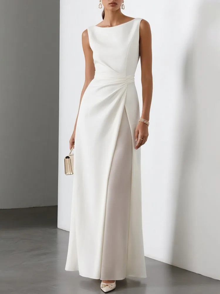 White Pleated Sleeveless A-Line Maxi Dress
