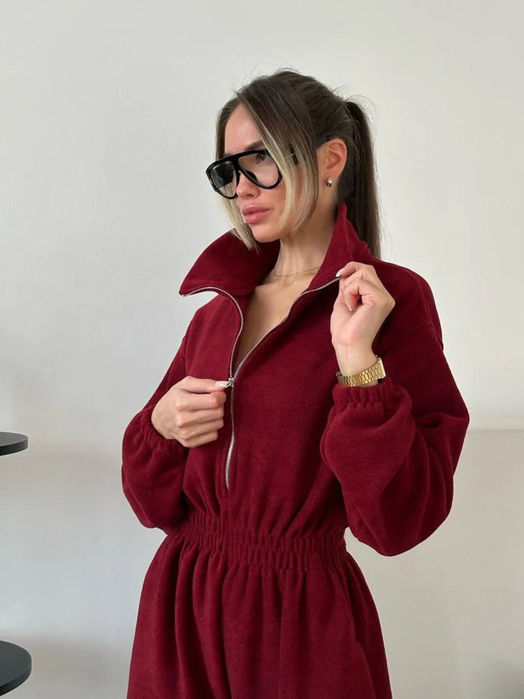 Sporty Long Sleeve Half-Zip Sports Jumpsuit with Lapel