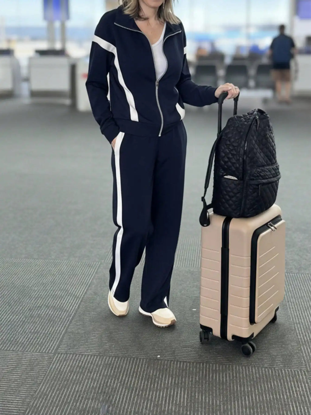 Women's Navy Blue & White Contrast Stripe 2-Piece Track Suit Set