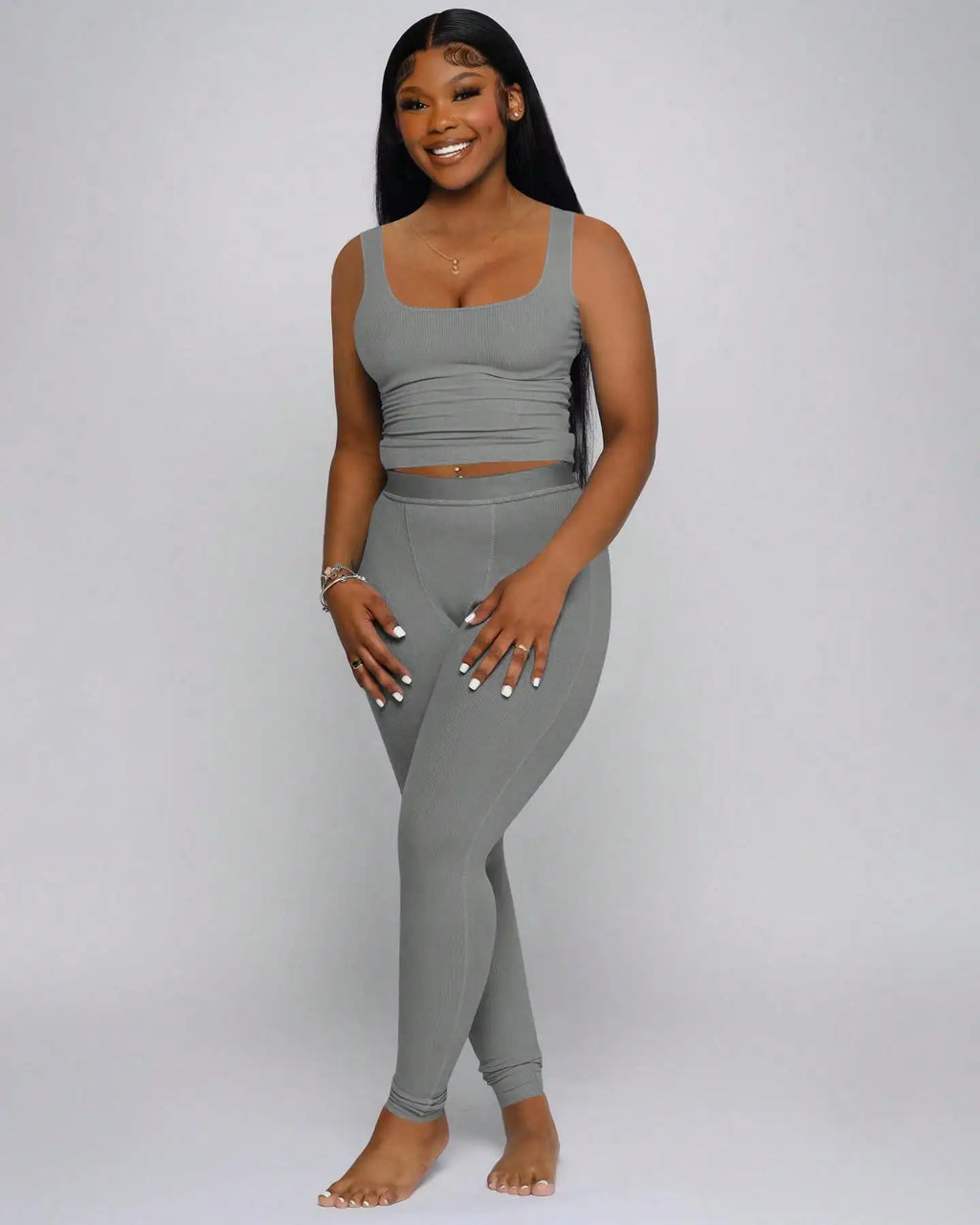 Ribbed Crop Tank Top and High Waist Leggings Set for Women