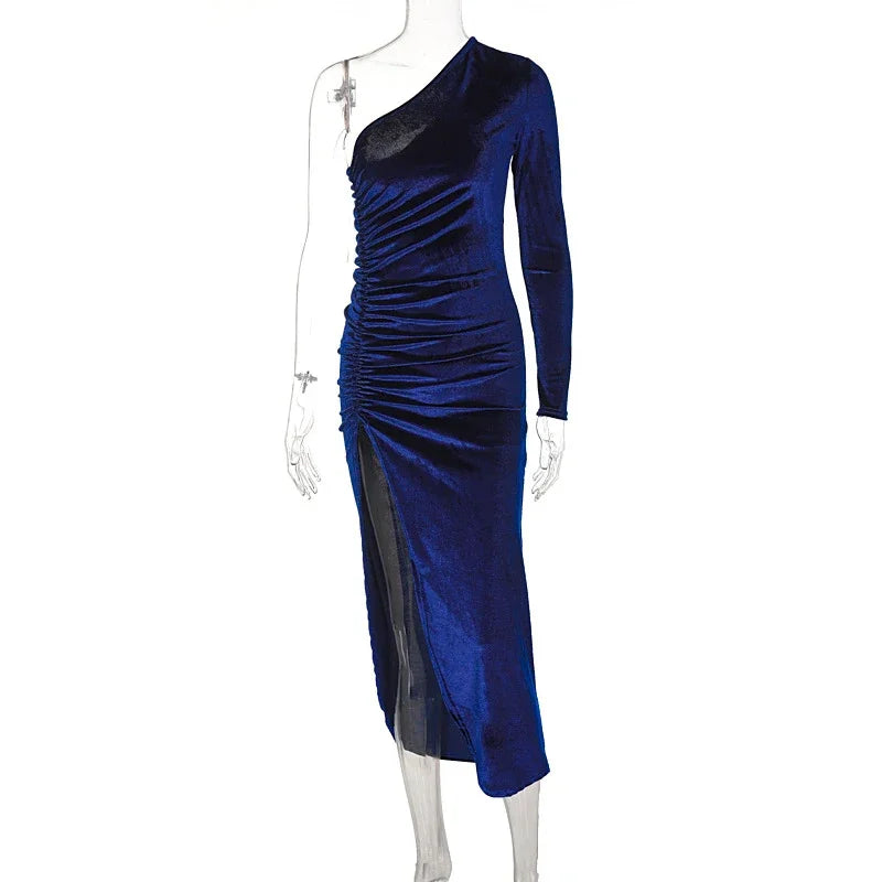 Elegant Long Sleeve Velvet Evening Dress w/Slit