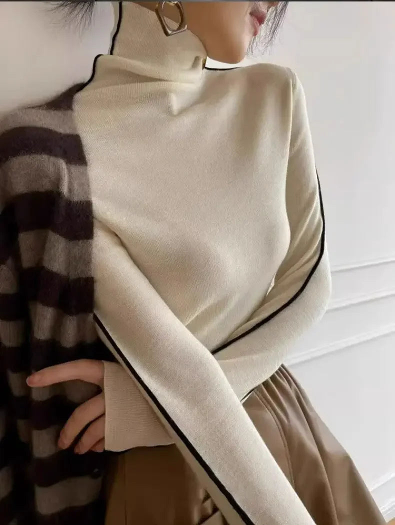 Long Sleeve Knit Turtleneck with Striped Sleeves Sweater Top