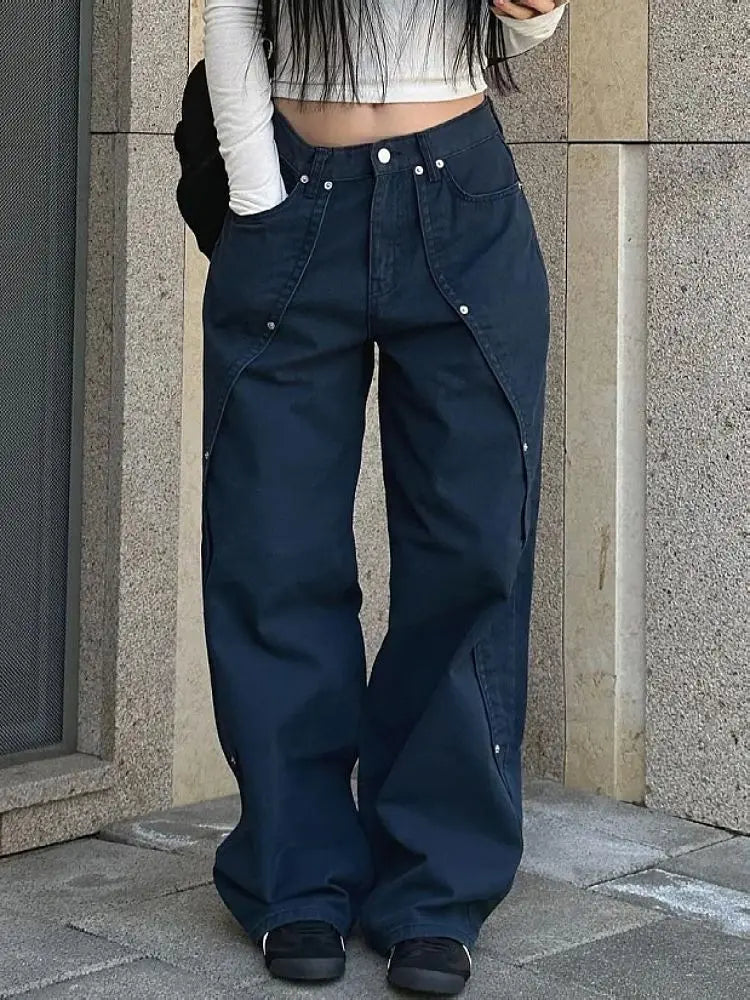 Relaxed Loose Fit Wide Leg Trousers with Rivet Patchwork Split Design