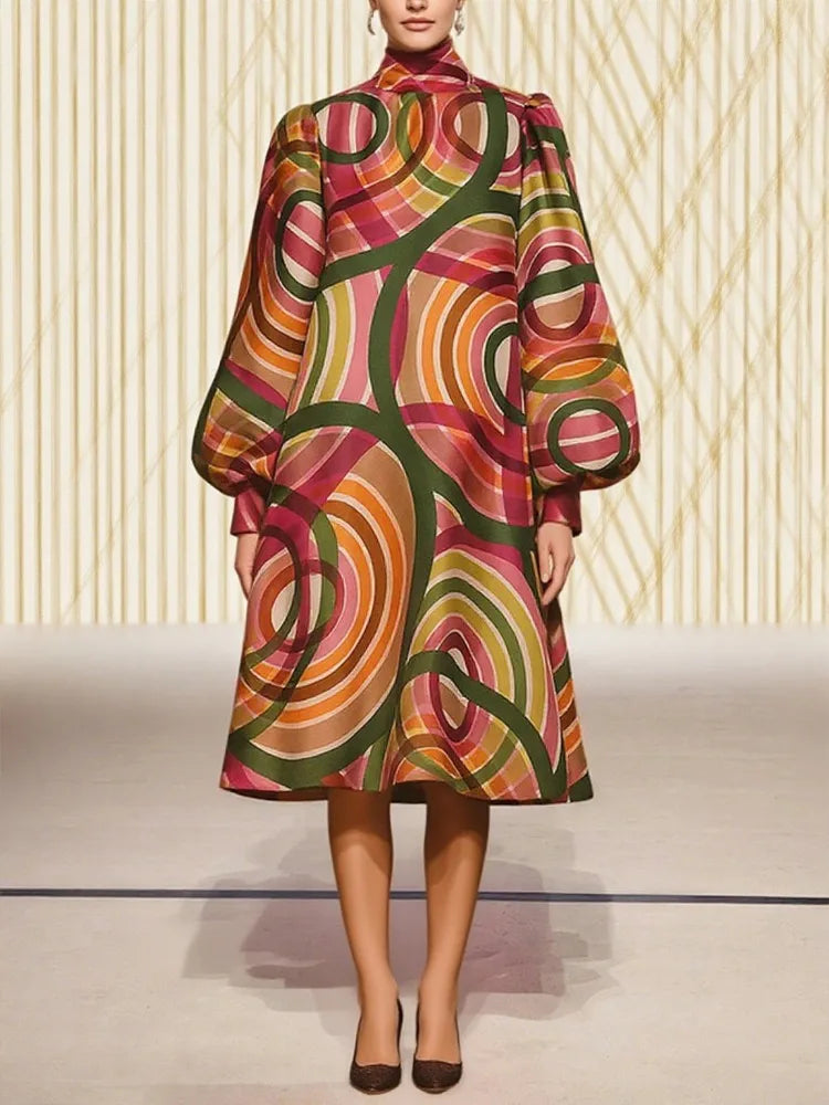Elegant Lantern Sleeve Mid-Length Colorful Dress