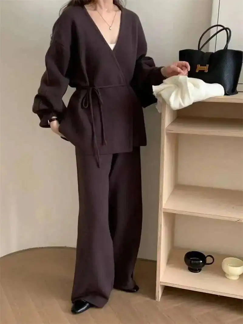 Casual Long Sleeve Sweater And High Waist Trousers Knit Set