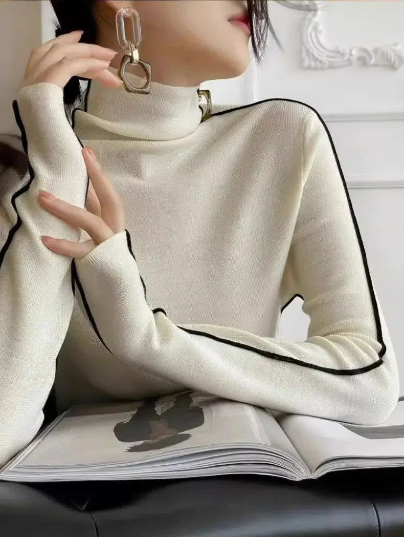 Long Sleeve Knit Turtleneck with Striped Sleeves Sweater Top