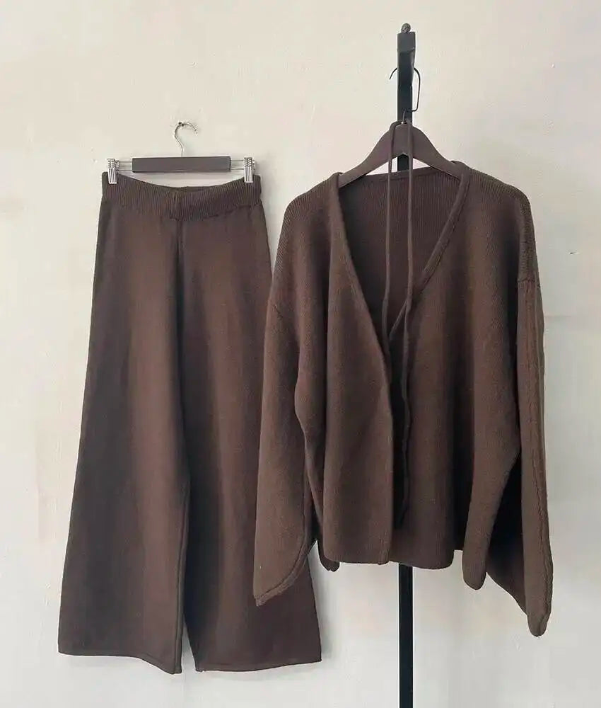 Casual Long Sleeve Sweater And High Waist Trousers Knit Set