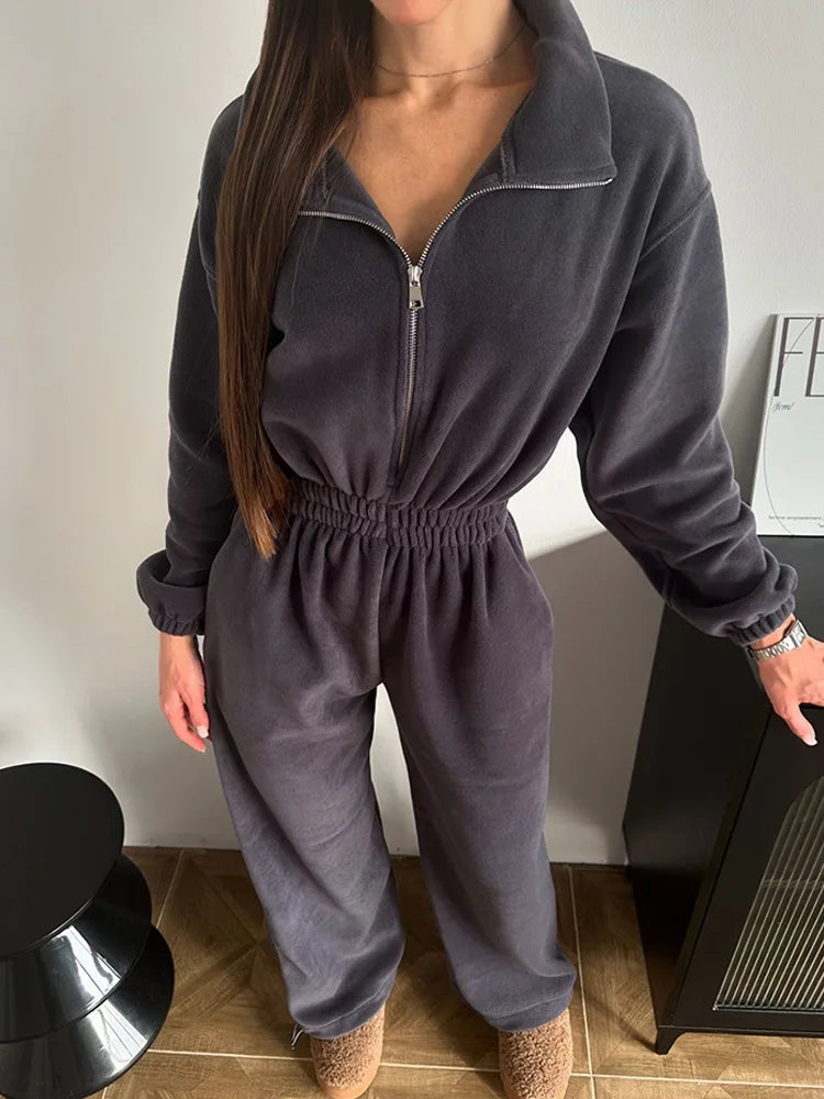 Sporty Long Sleeve Half-Zip Sports Jumpsuit with Lapel