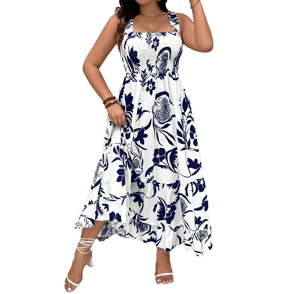Plus Size Summer Floral Halter Dress with Ruffle Hem