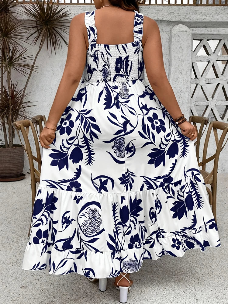 Plus Size Summer Floral Halter Dress with Ruffle Hem