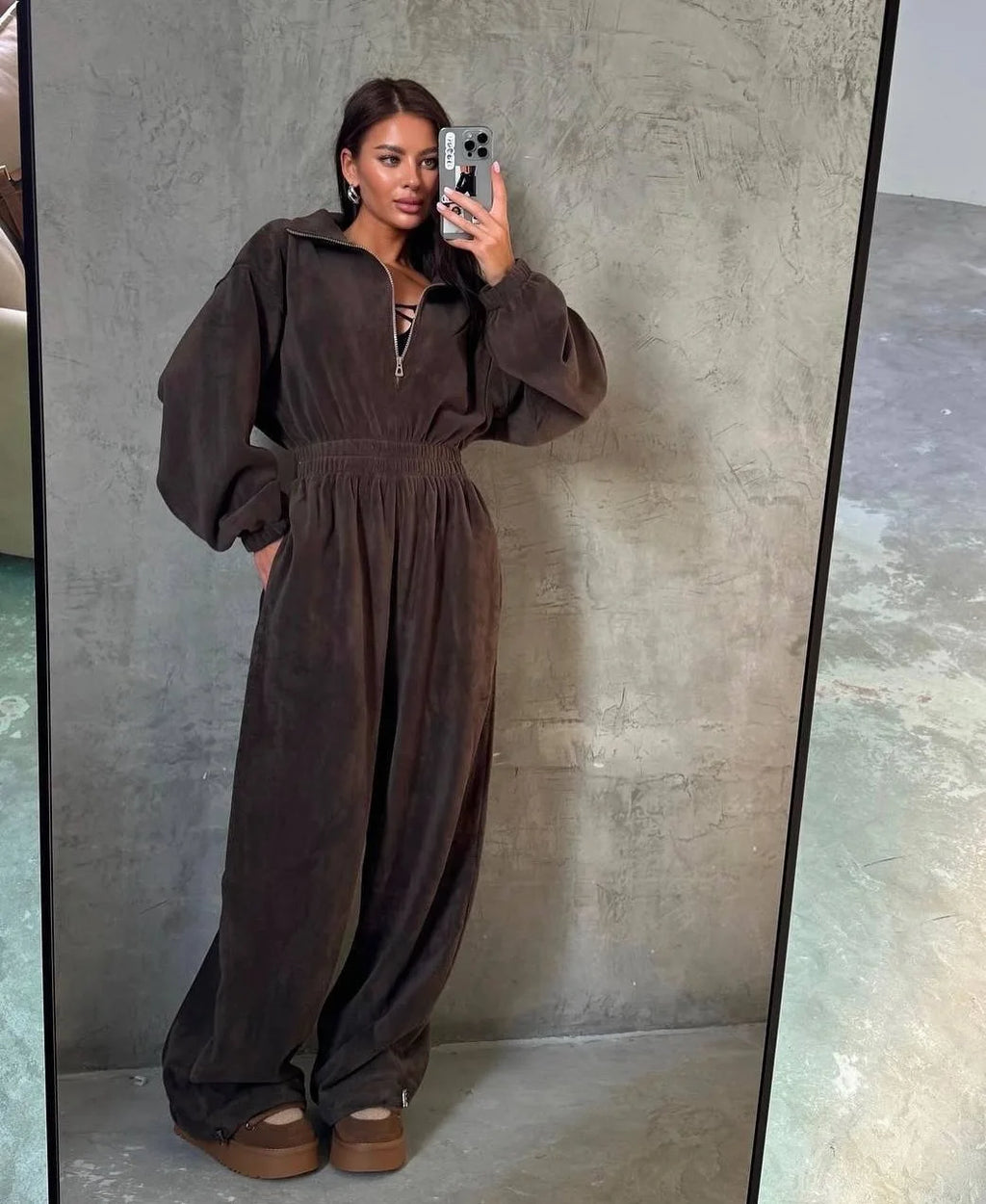Sporty Long Sleeve Half-Zip Sports Jumpsuit with Lapel