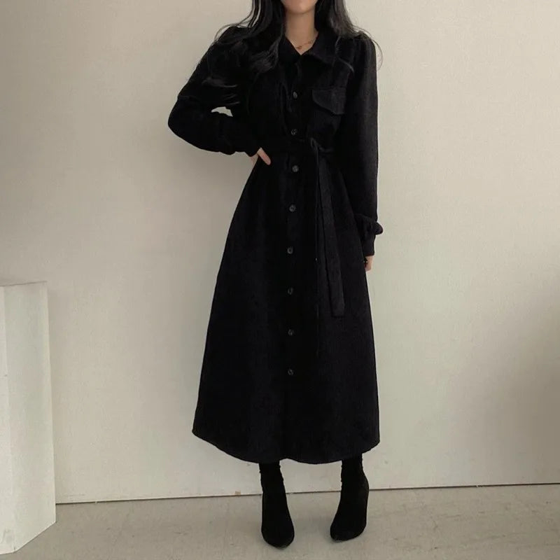 Retro Lapels Single-breasted Waist Dress
