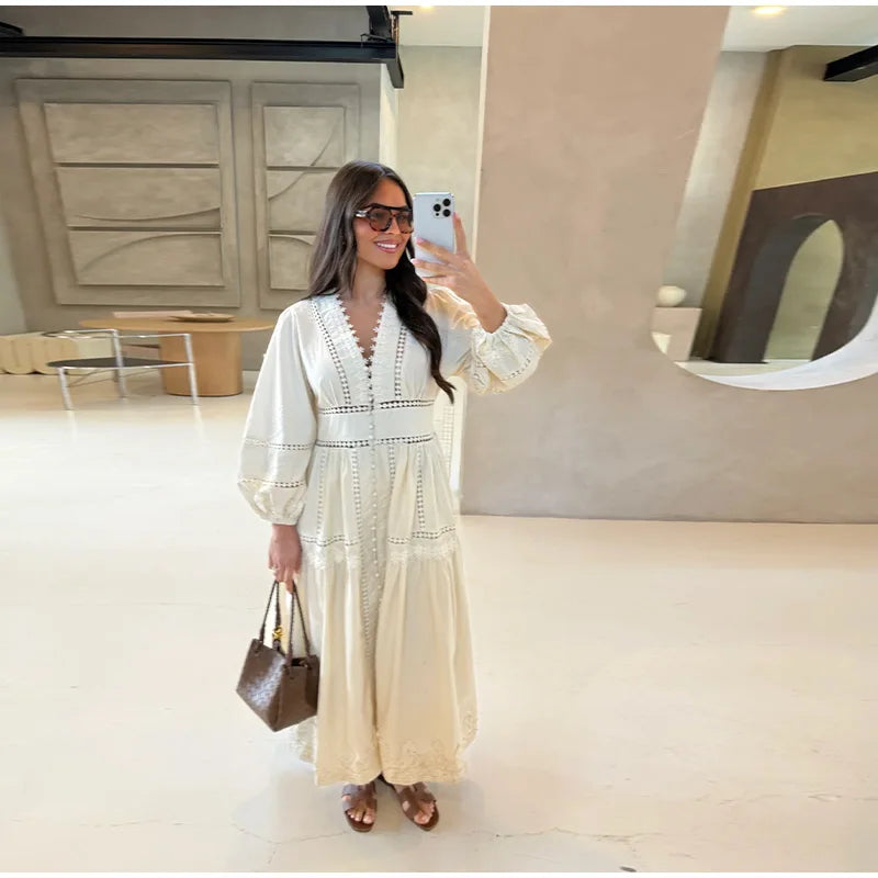 Lace Cut Out Long Puff Sleeve Maxi Dress