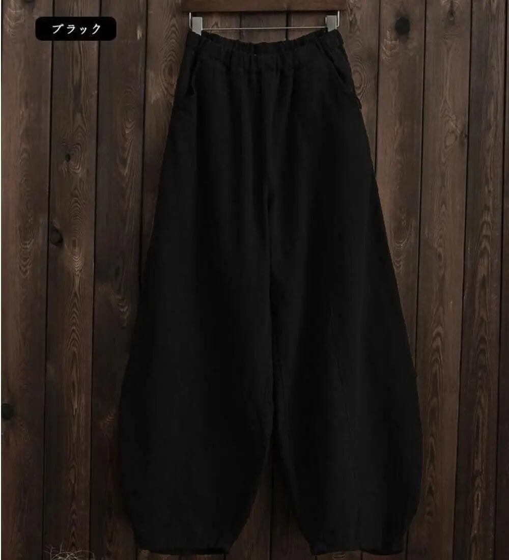 Women's Cotton Linen Wide Leg Pants with Elastic Waist